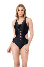 Load image into Gallery viewer, Model Front: Lua Morena One-Piece Maio Ilhos Liso Preto