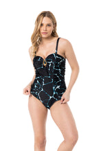 Load image into Gallery viewer, Model Front: Lua Morena One-Piece Maio Bandeau Metal Tempestade