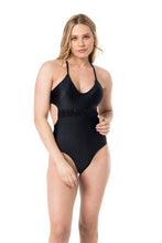 Load image into Gallery viewer, Model Front: Lua Morena One-Piece Maio Macrame Liso Preto