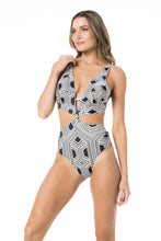Load image into Gallery viewer, Model Front: Lua Morena One-Piece Maio Sicilia Grafismo Preto