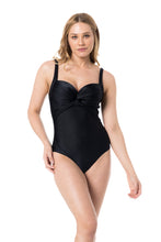 Load image into Gallery viewer, Model Front: Lua Morena One-Piece Maio Meia-Taca Liso Preto
