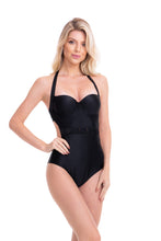 Carregar imagem no visualizador da galeria, Model Front: Lua Morena One-Piece Meia-Taca Liso Preto