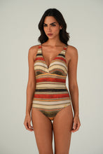 Load image into Gallery viewer, Model Front: Lua Morena One-Piece Maio Tramas-Do-Cerrado Halter

