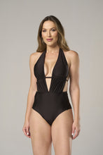 Load image into Gallery viewer, Product Front: Lua Morena One-Piece Maio Preto Alongado-Fio-Dobrado
