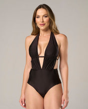 Load image into Gallery viewer, Model Front: Lua Morena One-Piece Maio Preto Alongado-Fio-Dobrado
