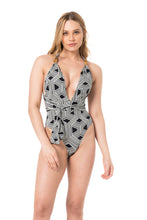 Load image into Gallery viewer, Model Front: Lua Morena One-Piece Maio Fio Duplo Grafismo Preto

