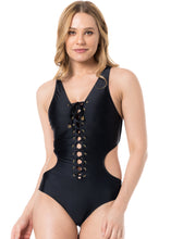 Load image into Gallery viewer, Gallery: Lua Morena One-Piece Maio Ilhos Liso Preto
