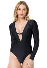 Load image into Gallery viewer, Gallery: Lua Morena One-Piece Maio Manga Longa Fio Liso Preto
